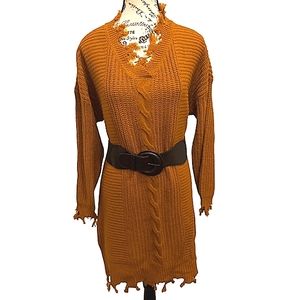 Full Circle Trends Cable Knit Sweater Dress Ripped-Edge 2X Belt Boxy Orange